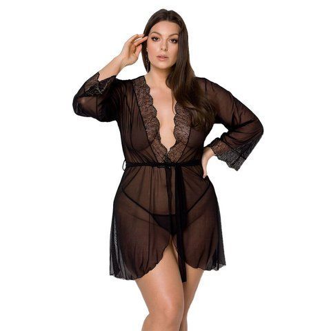 Пеньюар Passion AMBERLY PEIGNOIR 6XL/7XL, black, ажурні декольте та манжети, широкі рукави Да фото