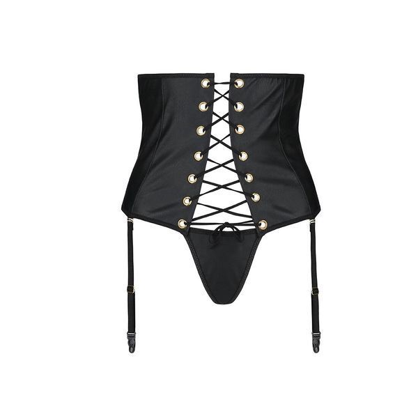 Пояс-корсет з екошкіри Passion CELINE SET L/XL, black, шнурівка, знімні пажі для панчіх, стрінги Да фото